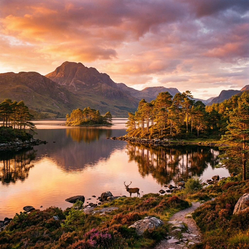 Sunset view of Loch Maree, Scotland, with reflective lake, wooded islets, mountains, and a deer on shore