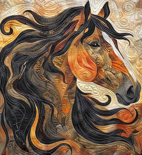 Quilted textile art of a horse head with flowing dark mane and ornate stitched swirl patterns