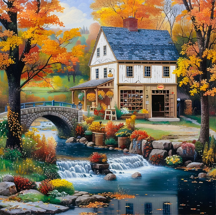 White two-story house with blue roof next to stone bridge over stream, surrounded by autumn trees and flowers