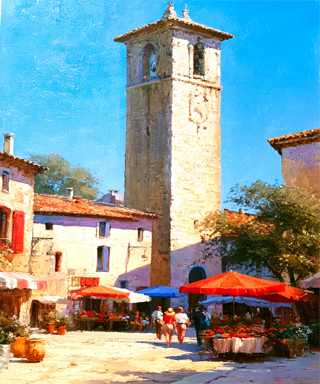 Painting of a rustic village square with a tall bell tower, pastel buildings, and market umbrellas