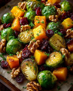 Roasted Brussels sprouts with butternut squash, walnuts and cranberries