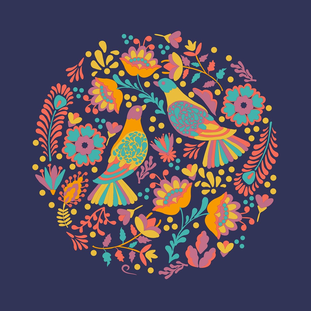 Circular Mexican folk art pattern with colorful birds and flowers on navy background