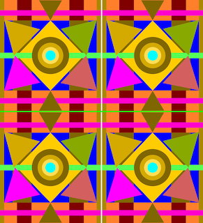 Bright symmetrical geometric pattern with circles, triangles, and colorful striped bands