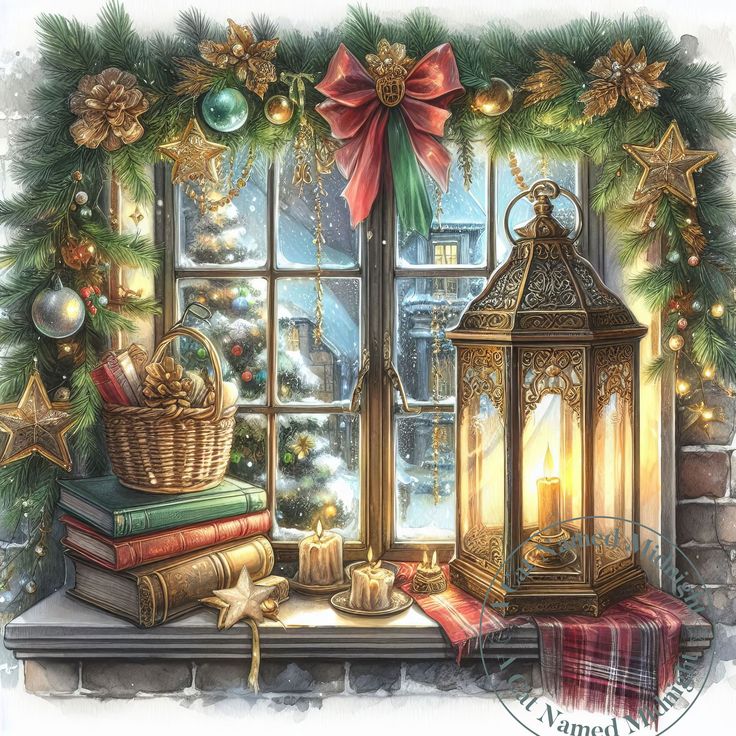 Christmas window sill with lantern, stacked books, pine garland, red bow, ornaments, and snowy scene outside