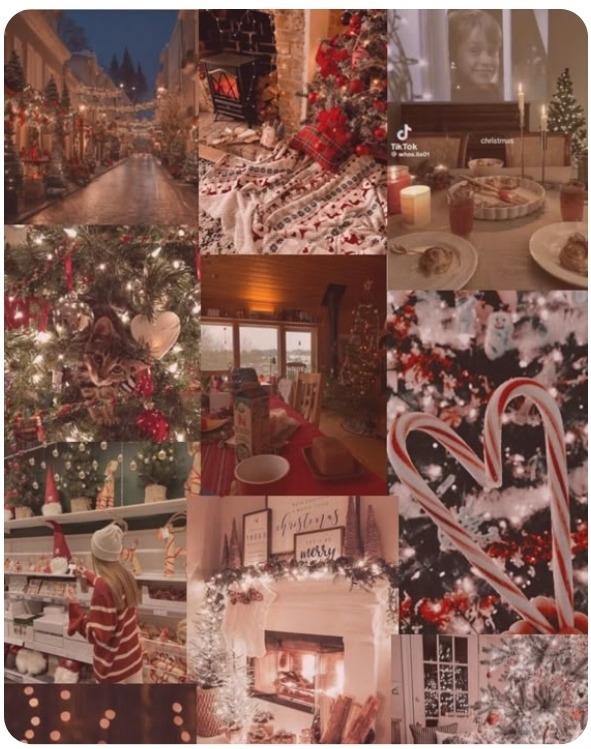 Christmas collage with decorated trees, candy canes, fireplace, holiday lights, and festive seasonal scenes