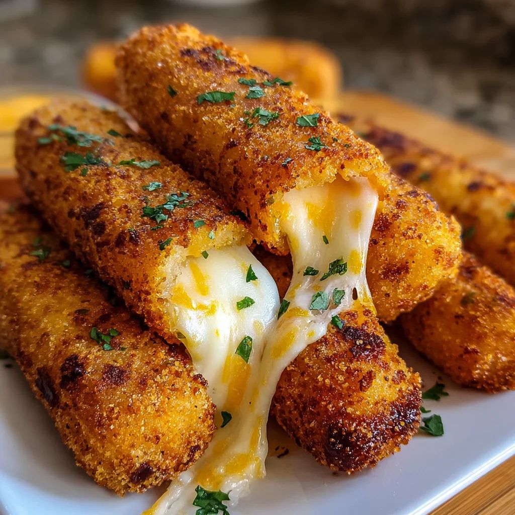 Plate of crispy fried mozzarella cheesesticks with melted cheese pull