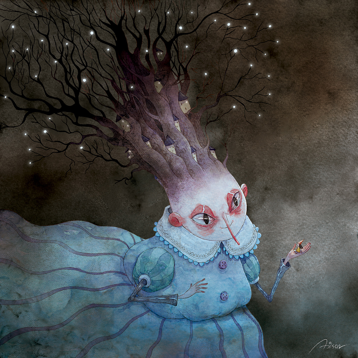 Surreal illustration of a pale blue woman with tree branches growing from her head