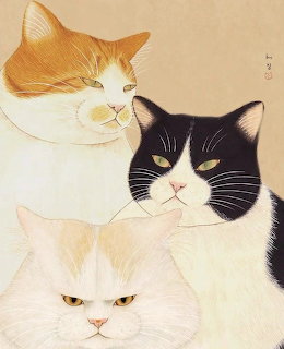 Illustration of three cats - orange, black and white, and white - in a portrait arrangement