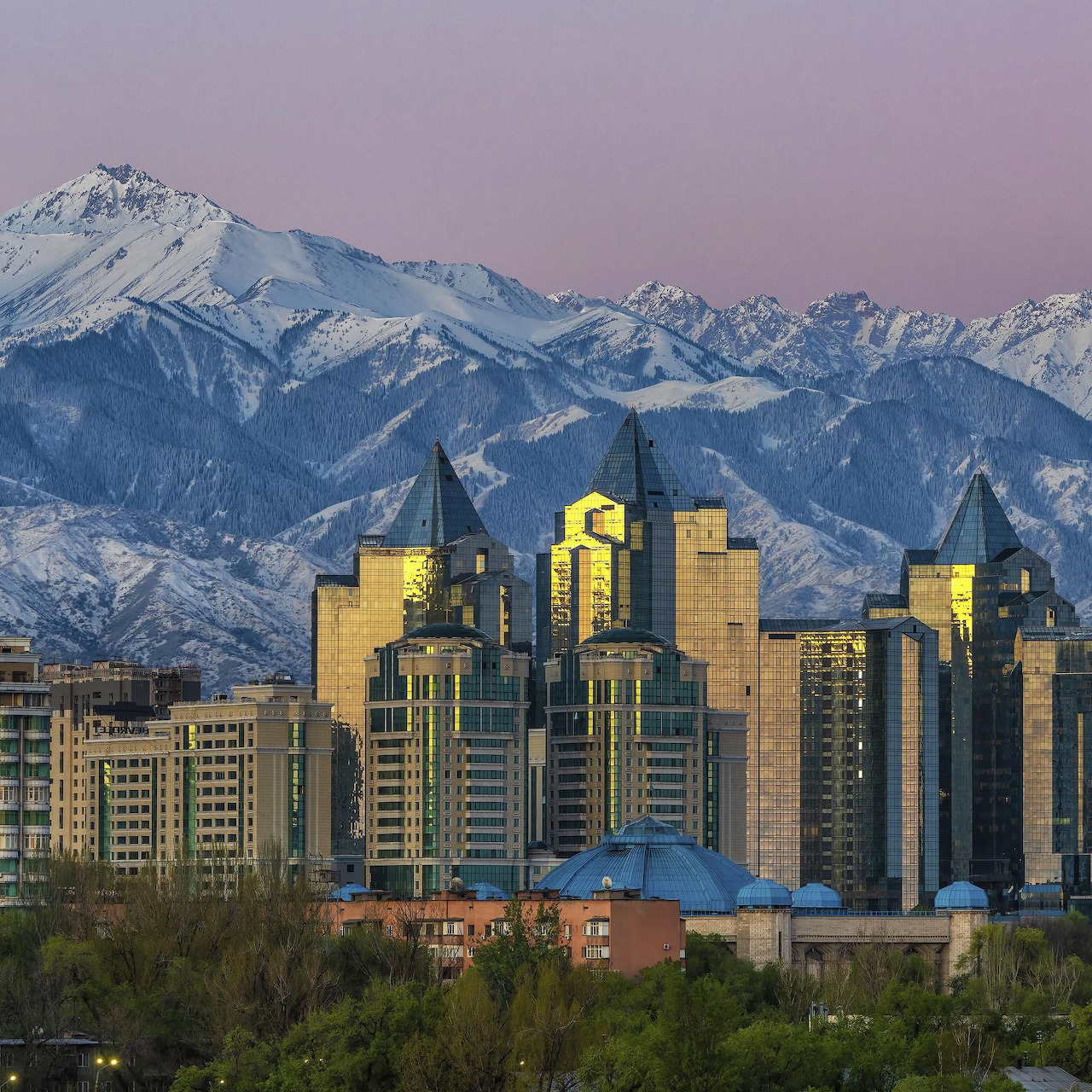 Modern city skyline with tall buildings and snowy mountains in the background