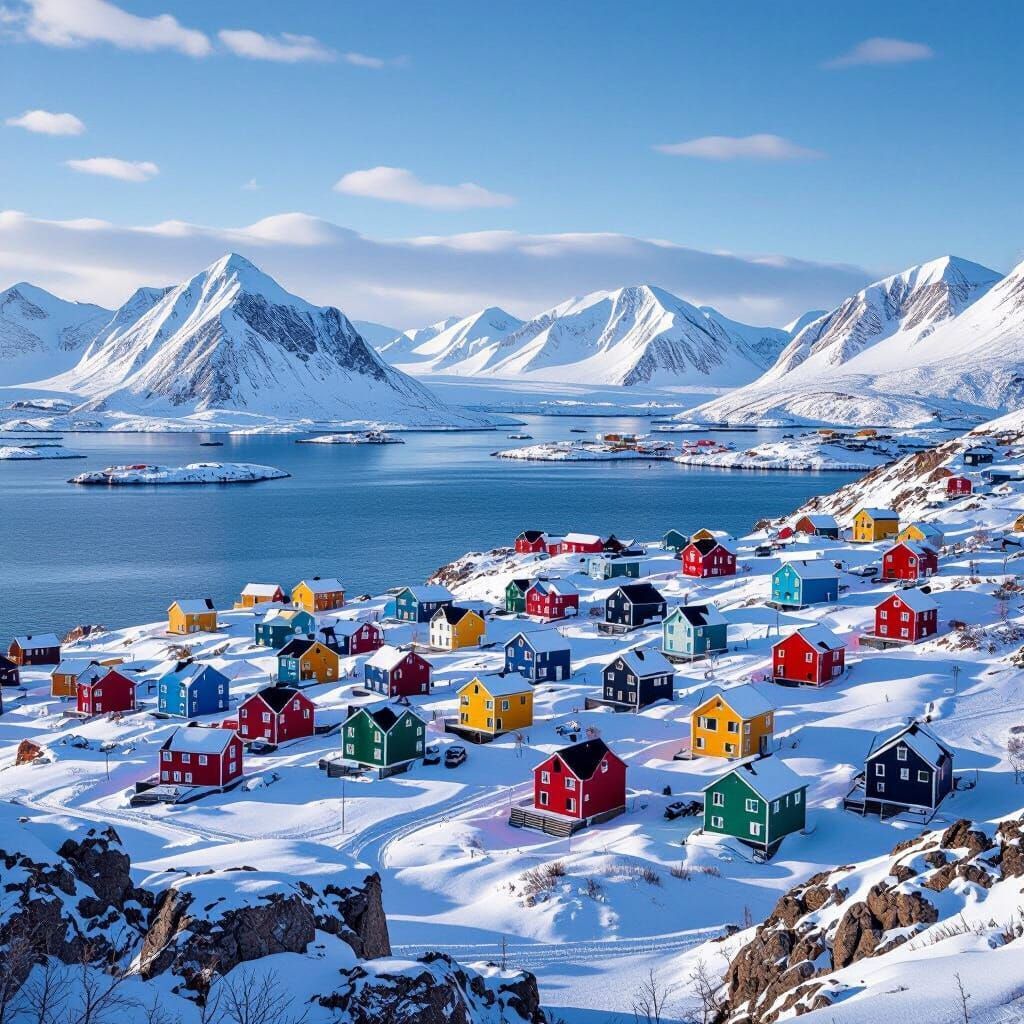 Aerial view of colorful houses in snowy Greenland village with mountains and fjord
