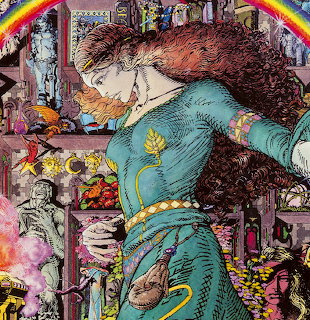 Fantasy illustration of red-haired woman in ornate turquoise dress with decorative border panels