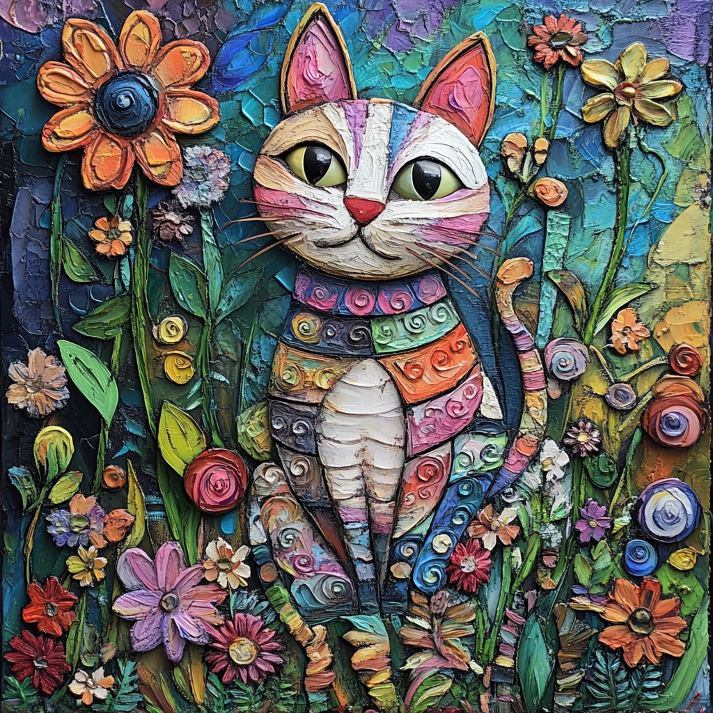 Whimsical white cat with striped body sitting among colorful flowers in folk art style