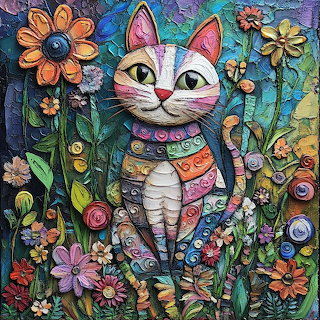 Whimsical Cat in Flower Garden
