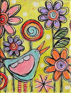 Folk art painting of a whimsical bird surrounded by colorful abstract flowers on yellow background