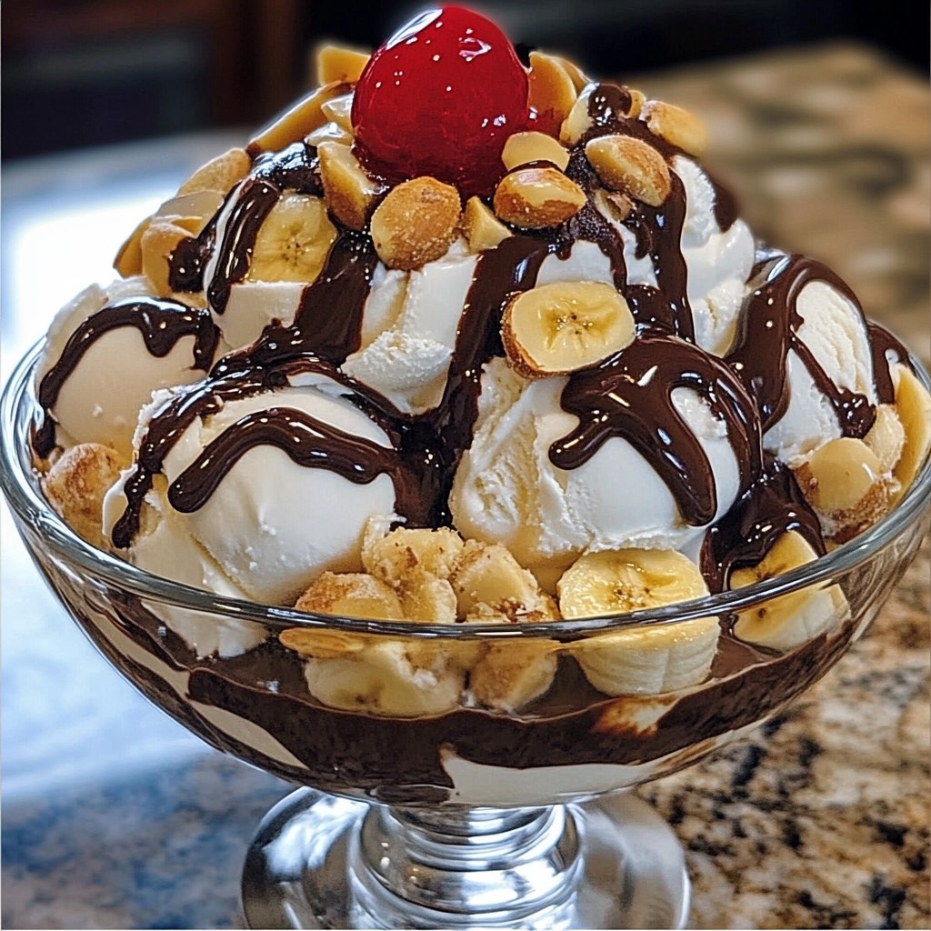 Banana split sundae with vanilla ice cream, banana slices, chocolate sauce, peanuts, whipped cream, and cherry