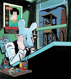 Illustration of anthropomorphic mice with Maus comic book references in a stylized room setting