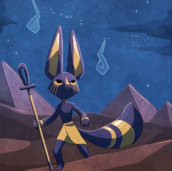 Cartoon Anubis character holding staff in desert night scene with pyramids and stars