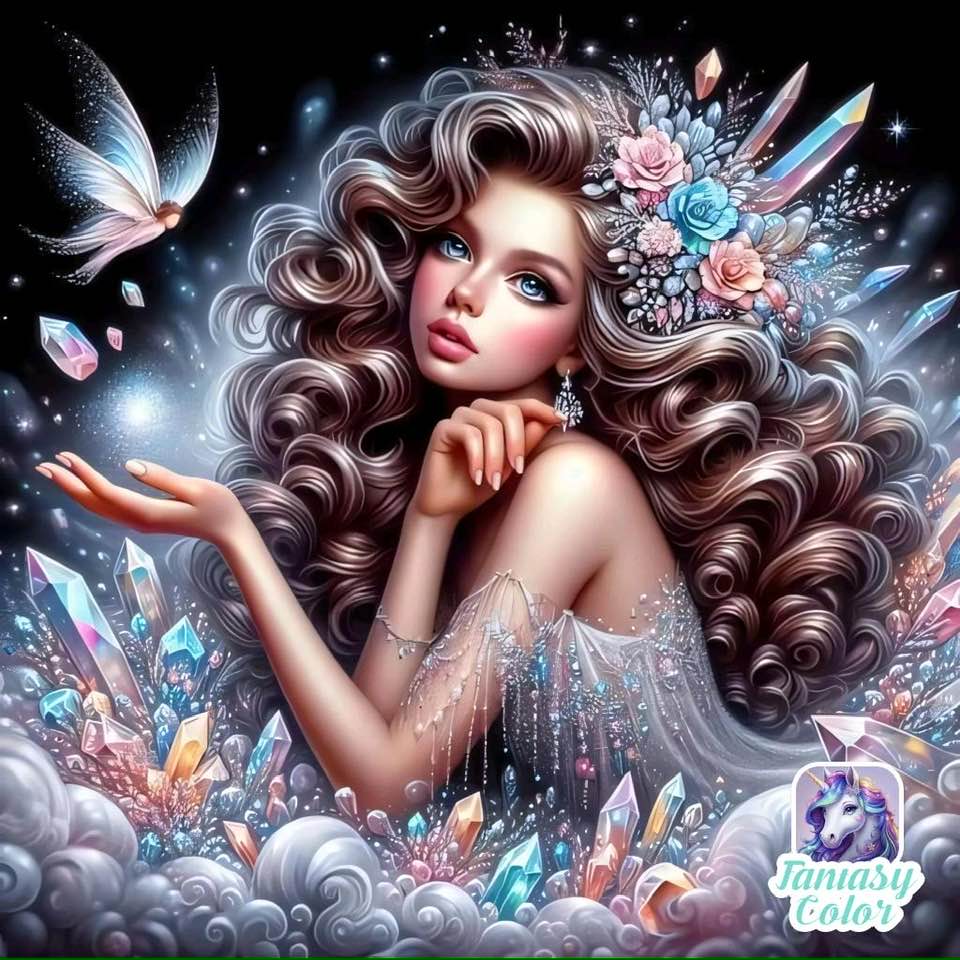 Fantasy woman with long wavy hair, butterflies, and glowing crystals in ethereal setting