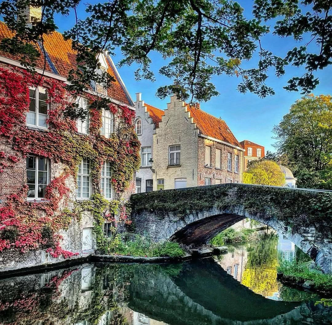 Stone bridge over a canal beside ivy-covered historic houses in Bruges, Belgium