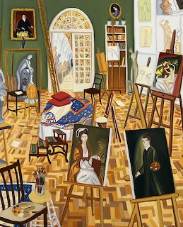 Painting of a busy art studio with multiple easels, portraits, chairs, and art supplies