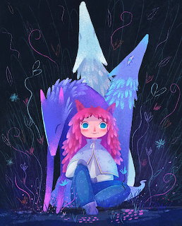 Animated girl with pink hair sitting cross-legged reading a book under a blue crescent moon in a dark magical setting