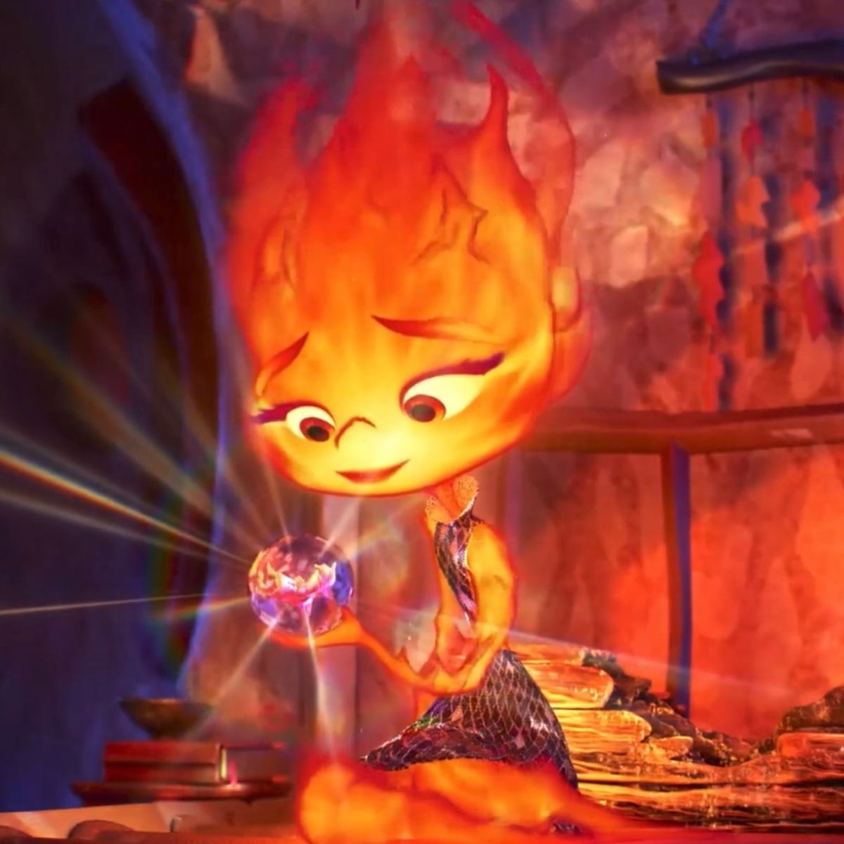 Animated fire girl sitting indoors and holding a glowing orb
