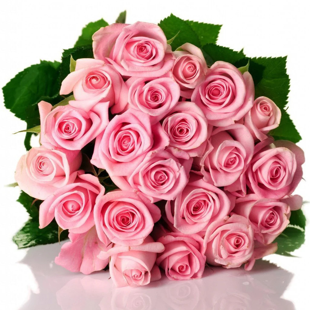 Close-up bouquet of pink roses with green leaves on a white background