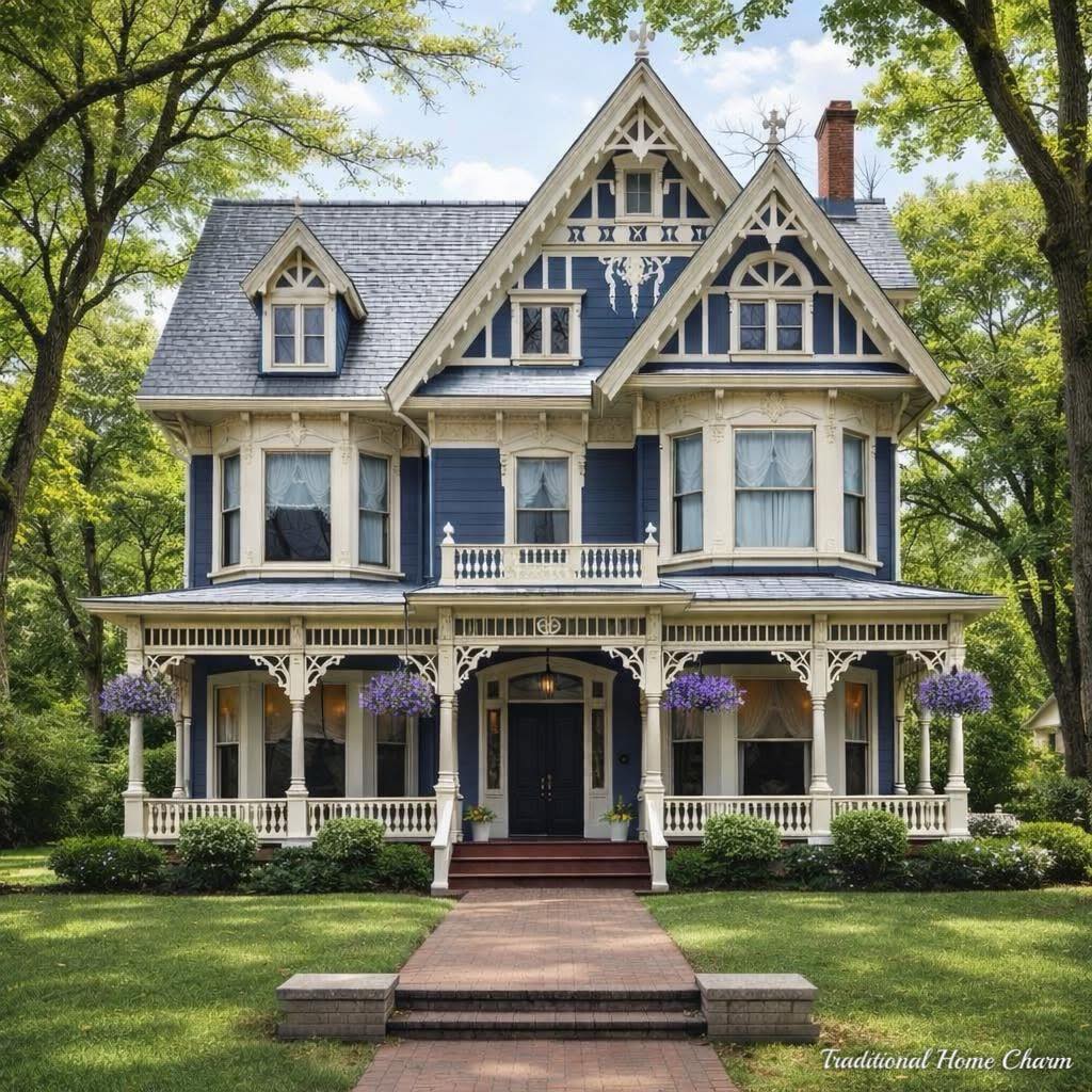 Large Victorian mansion with blue-gray siding, white trim, wraparound porch, and ornate architectural details