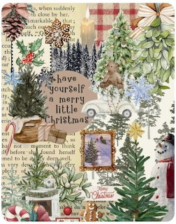 Vintage Christmas collage with trees, pine cones, plaid patterns, and holiday text in warm tones