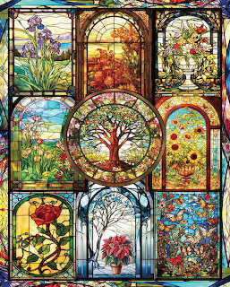 Stained glass collage showing four seasons with tree, flowers, birds and nature scenes in decorative arched panels