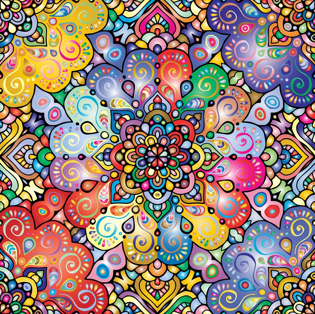 Colorful symmetrical mandala with intricate floral patterns and paisley swirls in rainbow hues