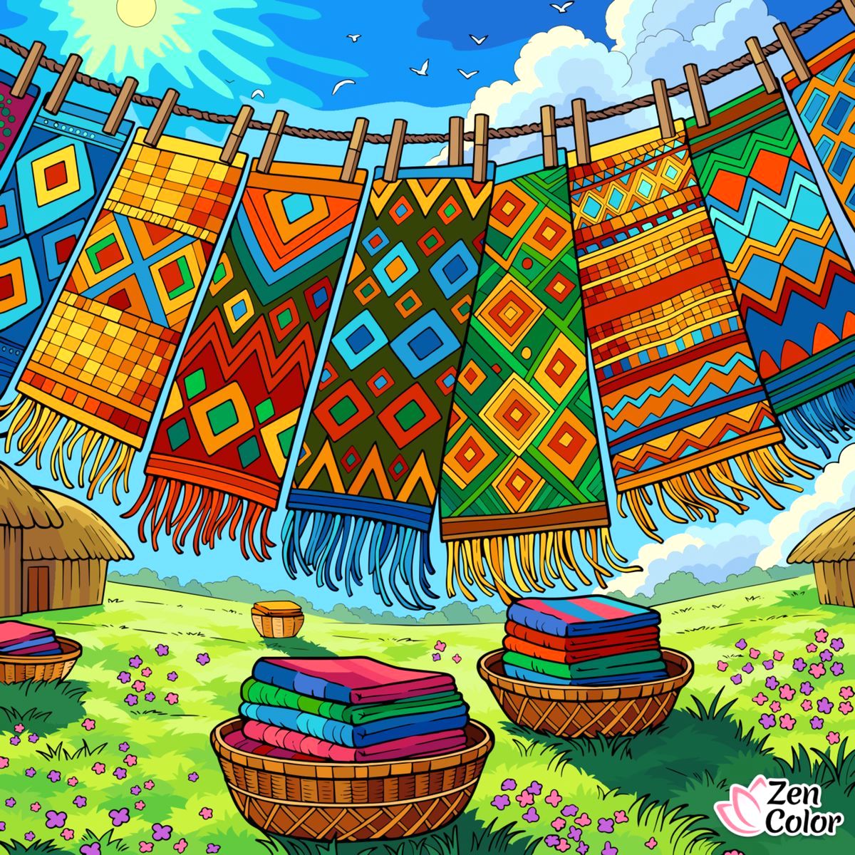 Colorful patterned woven blankets hanging on a clothesline above baskets in a sunny field