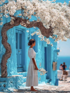 Woman in white dress standing under a white flowering tree against a vivid blue wall with blue doors