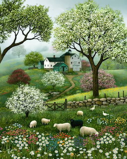 Pastoral painting showing sheep in a meadow with cottages, flowering trees, and rolling hills