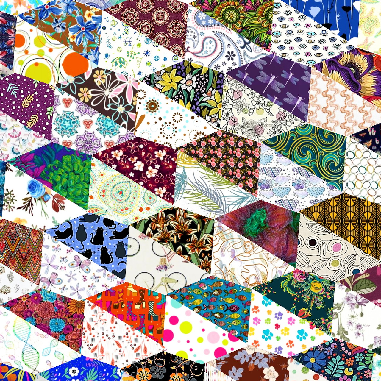 Colorful patchwork quilt with diamond-shaped fabric pieces in various patterns and colors
