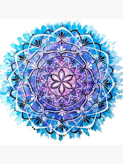 Detailed watercolor mandala with blue and purple concentric patterns and floral motifs