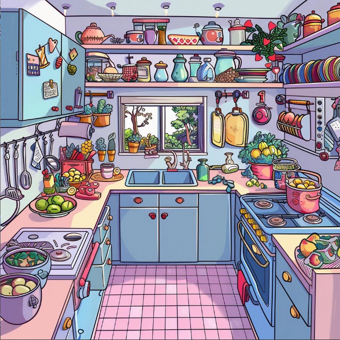 Bright cartoon kitchen with blue cabinets, shelves of colorful dishes, pink checkered floor, and window with plants