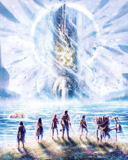 Group of fantasy travelers on a beach looking at a glowing crystal tower rising from the sea