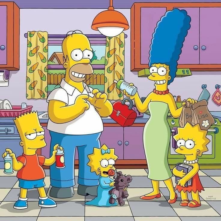 The Simpsons family standing together in their kitchen
