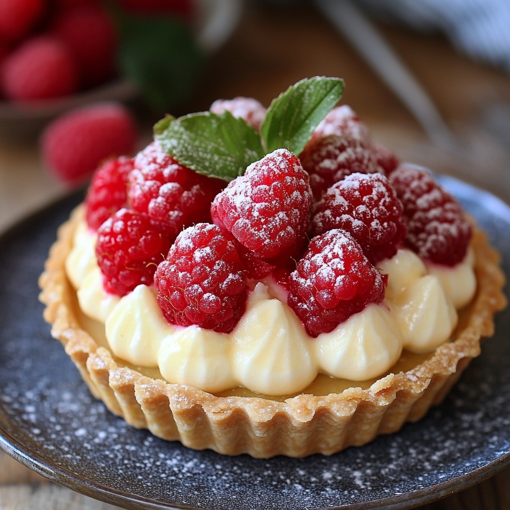 Mini tart with cream filling topped with fresh raspberries and powdered sugar on dark plate