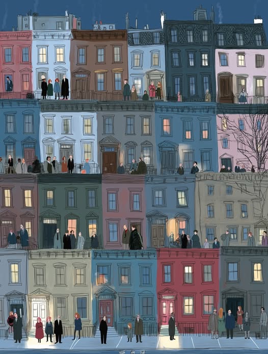 Illustrated city street with tall colorful townhouses and many small figures of people at dusk