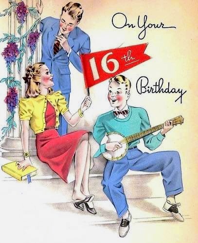 Vintage 1950s birthday card with teens celebrating Sweet Sixteen party, one playing guitar
