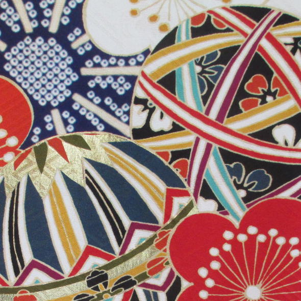 Close-up of colorful Japanese kimono fabric patterns with floral and geometric designs