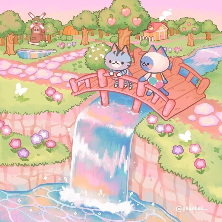 Pastel cartoon animals standing on a pink bridge over a waterfall in a cute garden scene