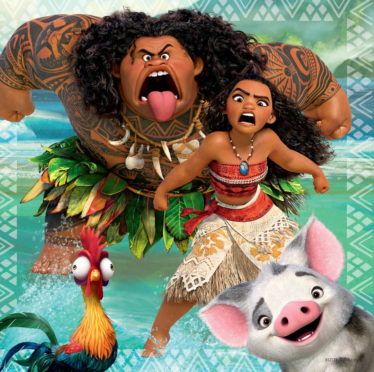 Disney's Moana characters including Moana, Maui, Heihei rooster and Pua pig in tropical setting