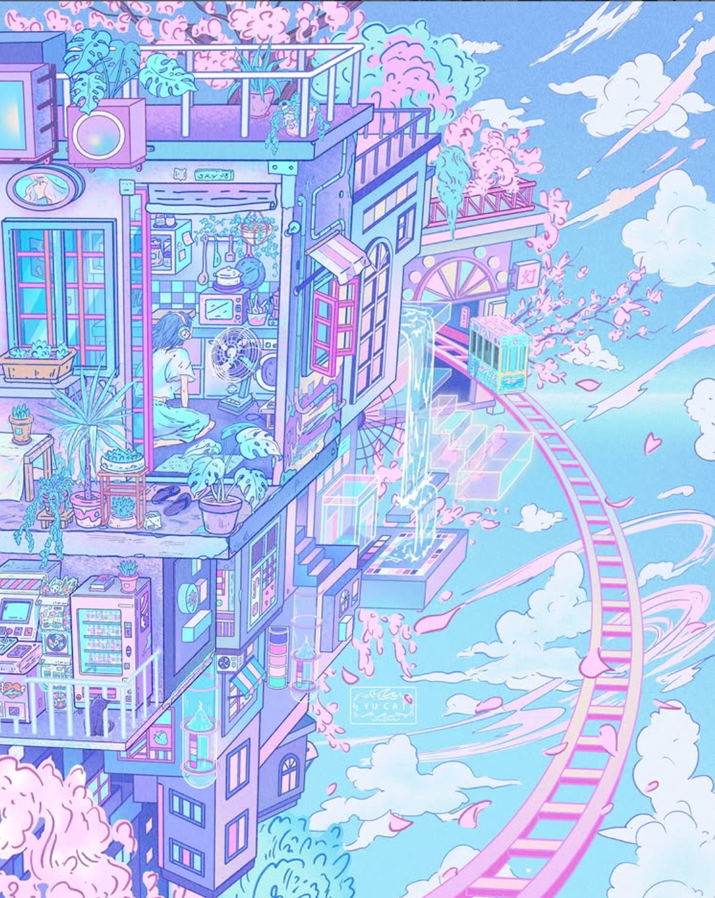 Pastel anime illustration of stacked city buildings with cherry blossoms, clouds, and a pink roller coaster track