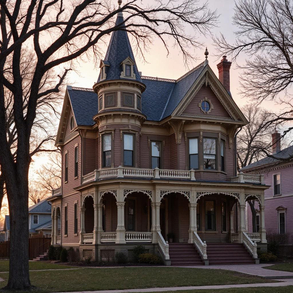 Victorian brick house with turret, porch, and steep roof framed by bare trees