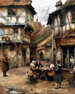 Painting of an old village street with timber houses and people seated at a small cafe table