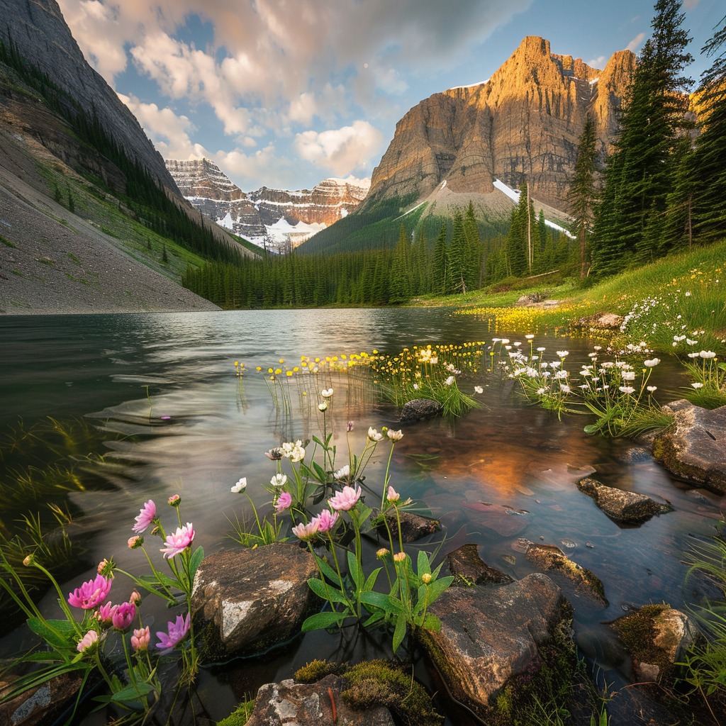 Wildflowers on a rocky shore beside a calm mountain lake with pine trees and rugged peaks