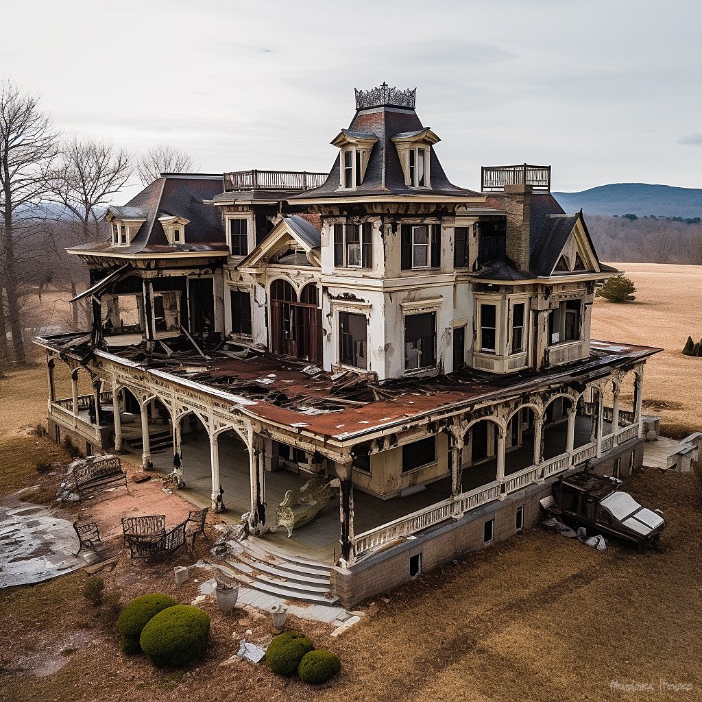 Abandoned Victorian mansion with tower and wraparound porch in rural setting